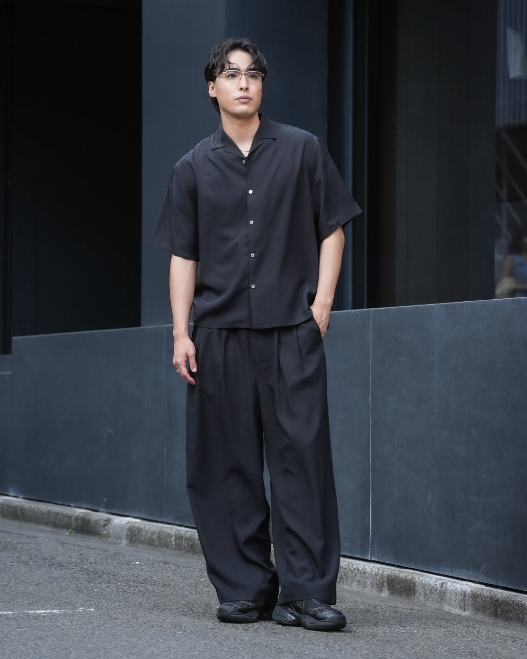 Linen Blend Wide Slacks -black-