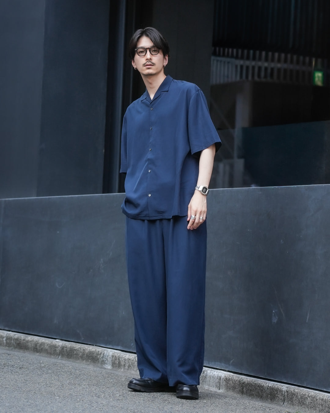 Linen Blend Wide Slacks -navy-