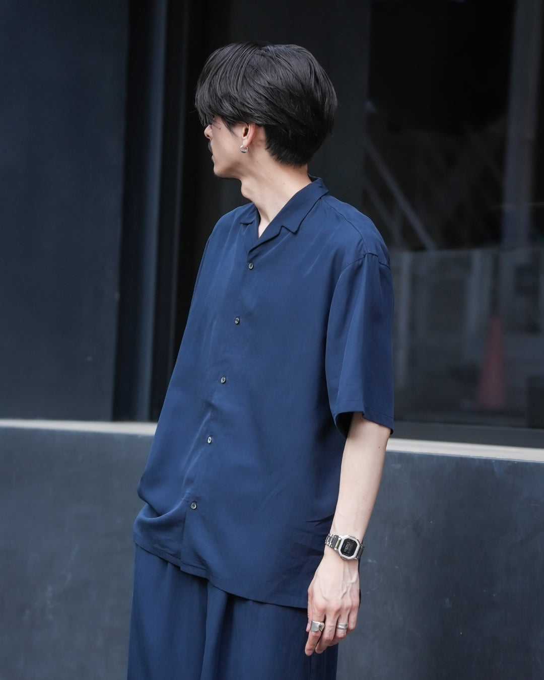 Linen Blend Open Collar S/S Shirt -navy-