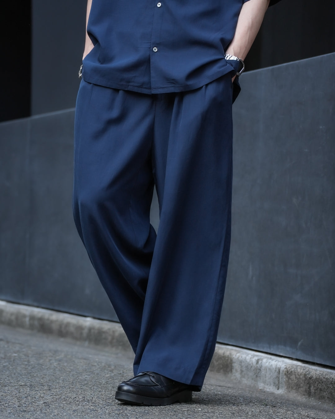 Linen Blend Wide Slacks -navy-