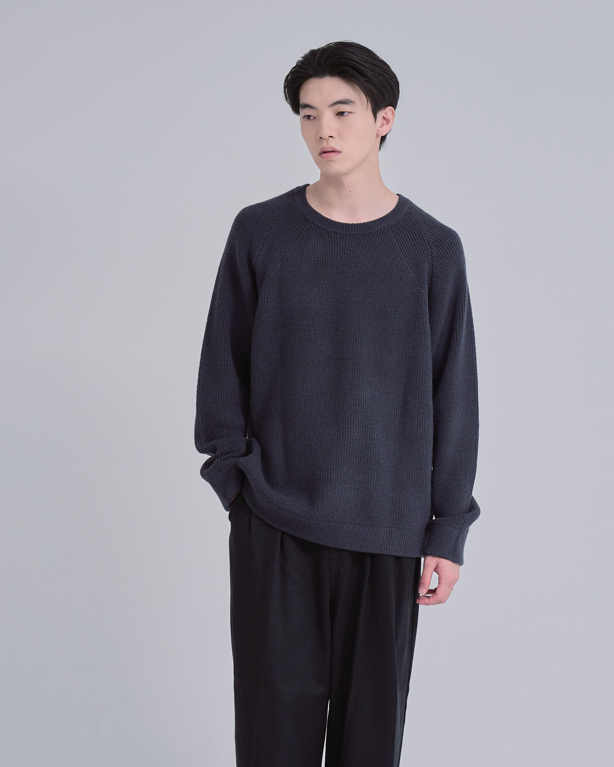 Elbow Patch Rib Crewneck Knit -gray-