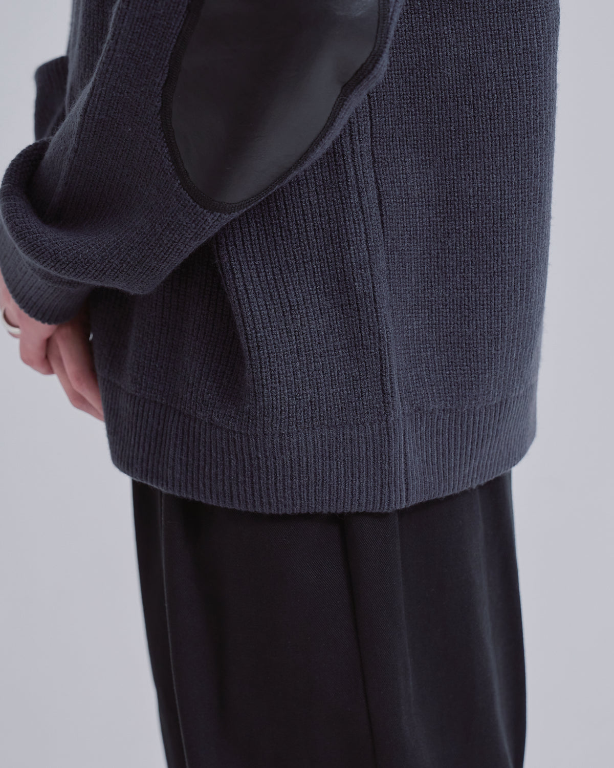 Elbow Patch Rib Crewneck Knit -gray-