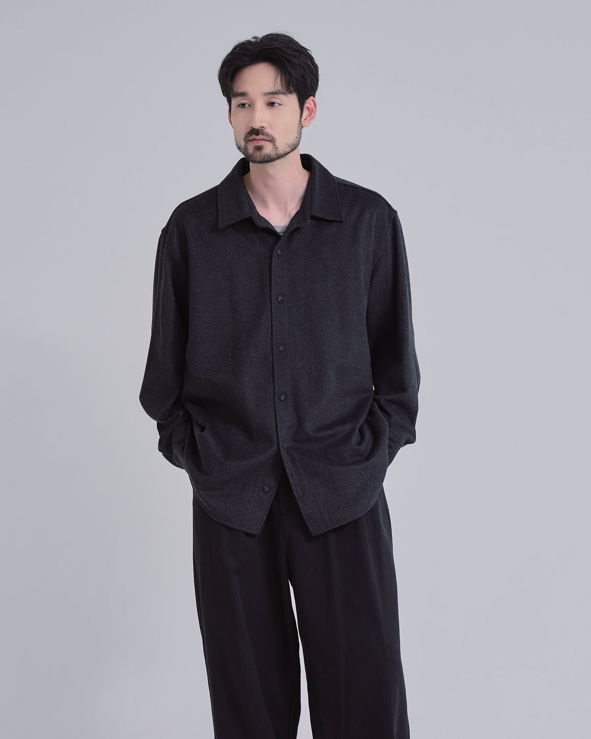 Relaxed Fit Light Melton Shirt -black-