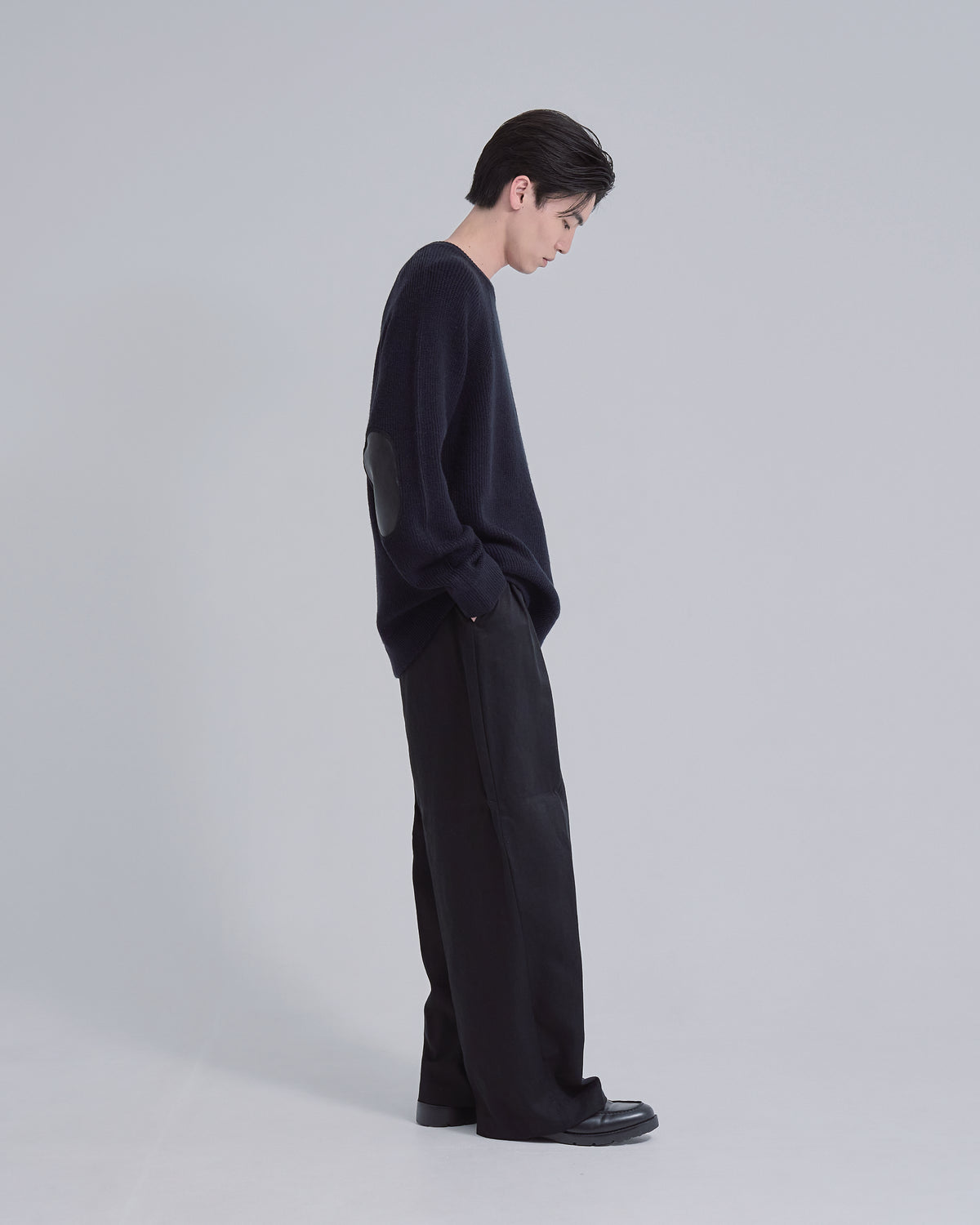 Elbow Patch Rib Crewneck Knit -navy-