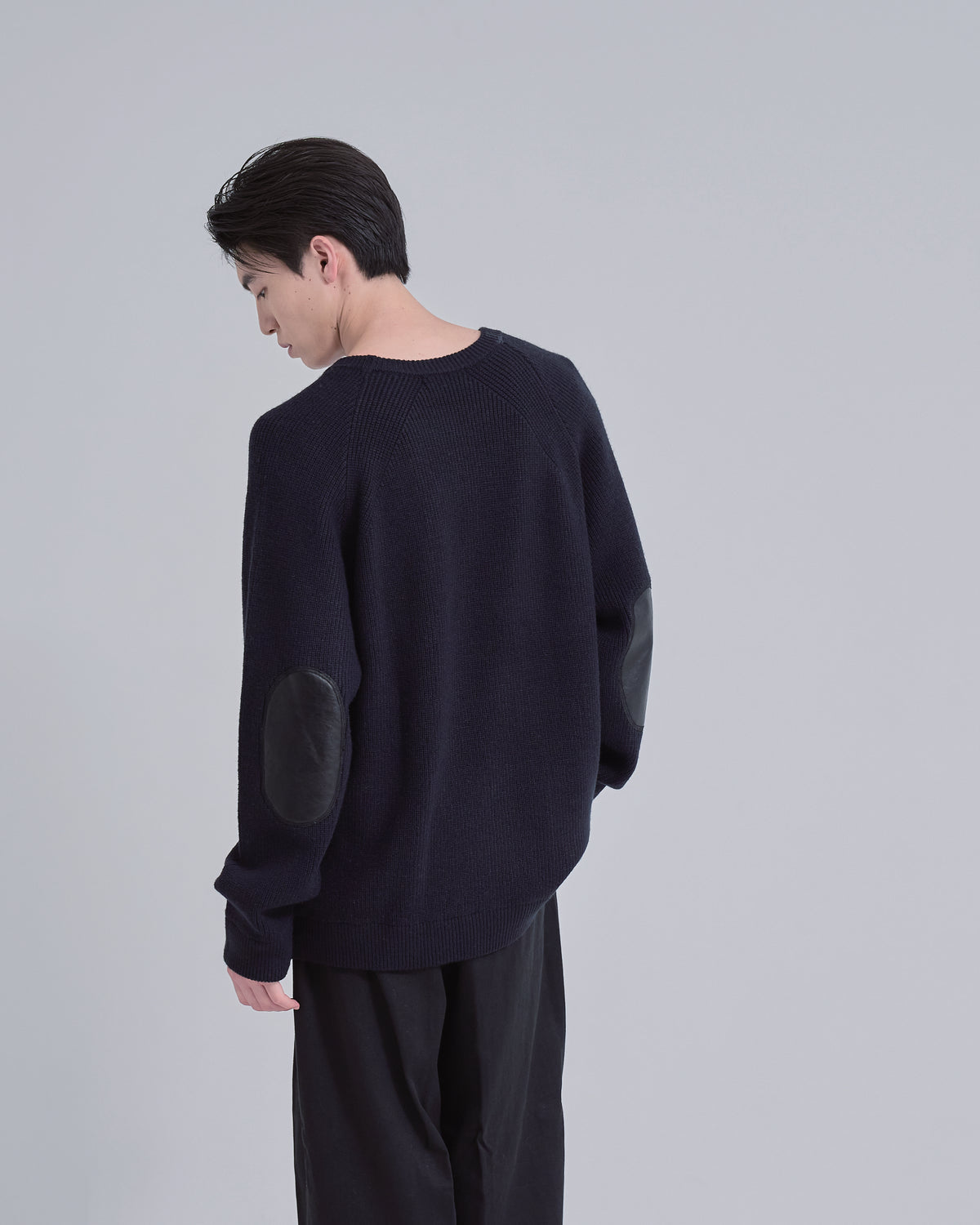 Elbow Patch Rib Crewneck Knit -navy-