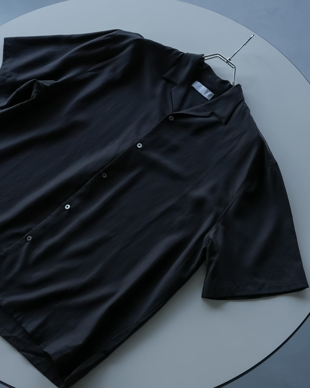 Linen Blend Open Collar S/S Shirt -black-
