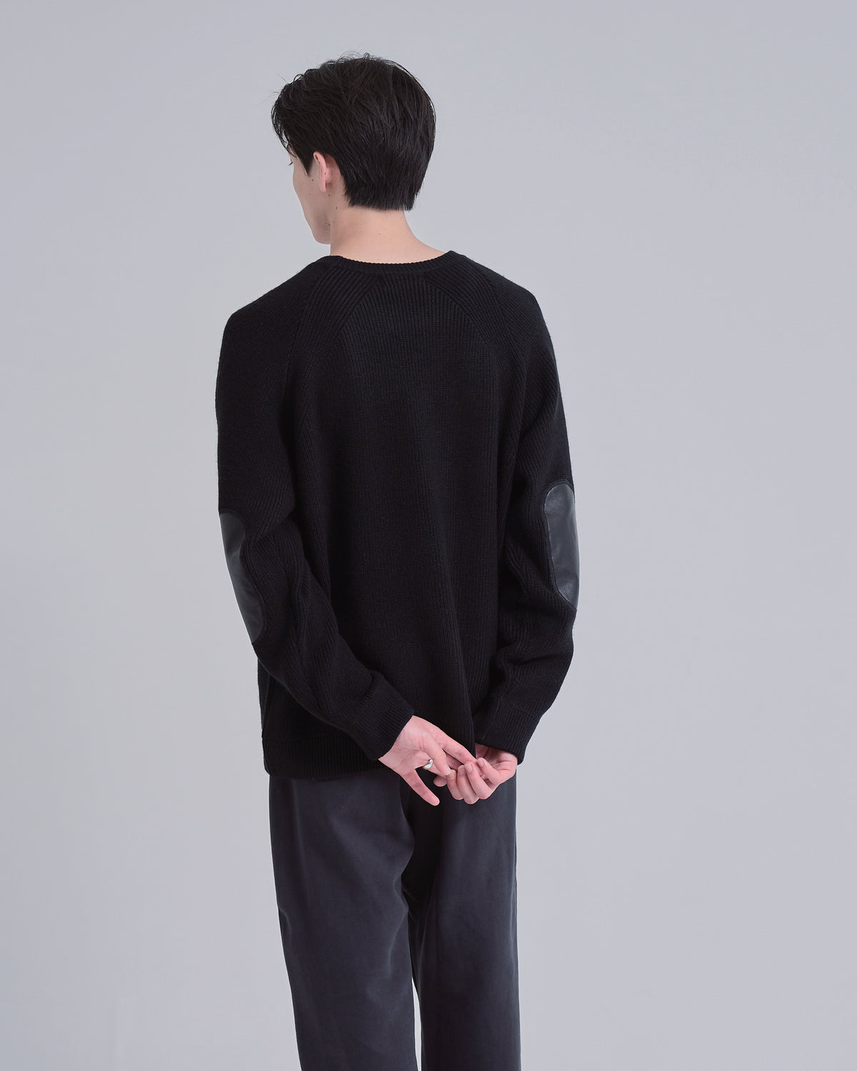 Elbow Patch Rib Crewneck Knit -black-