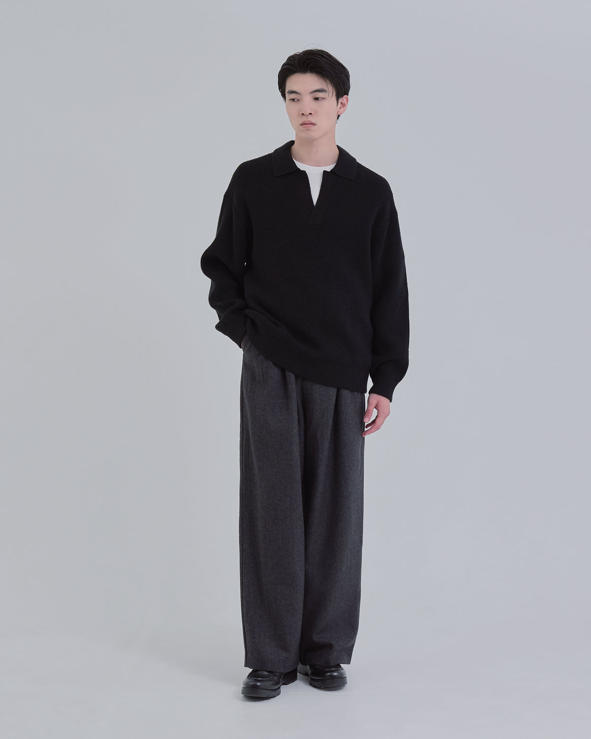 Wide Rib Skipper Knit -black-