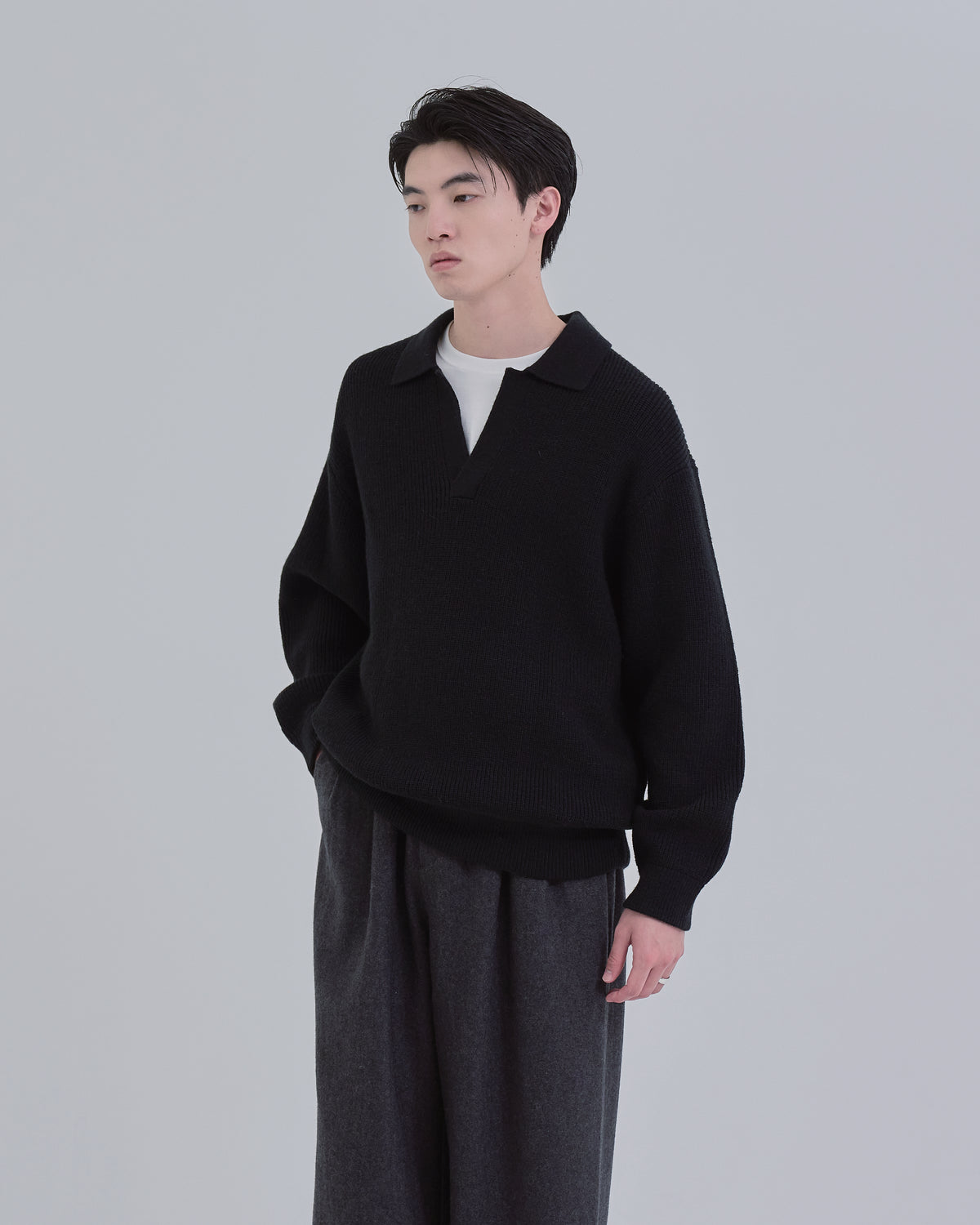 Wide Rib Skipper Knit -black-