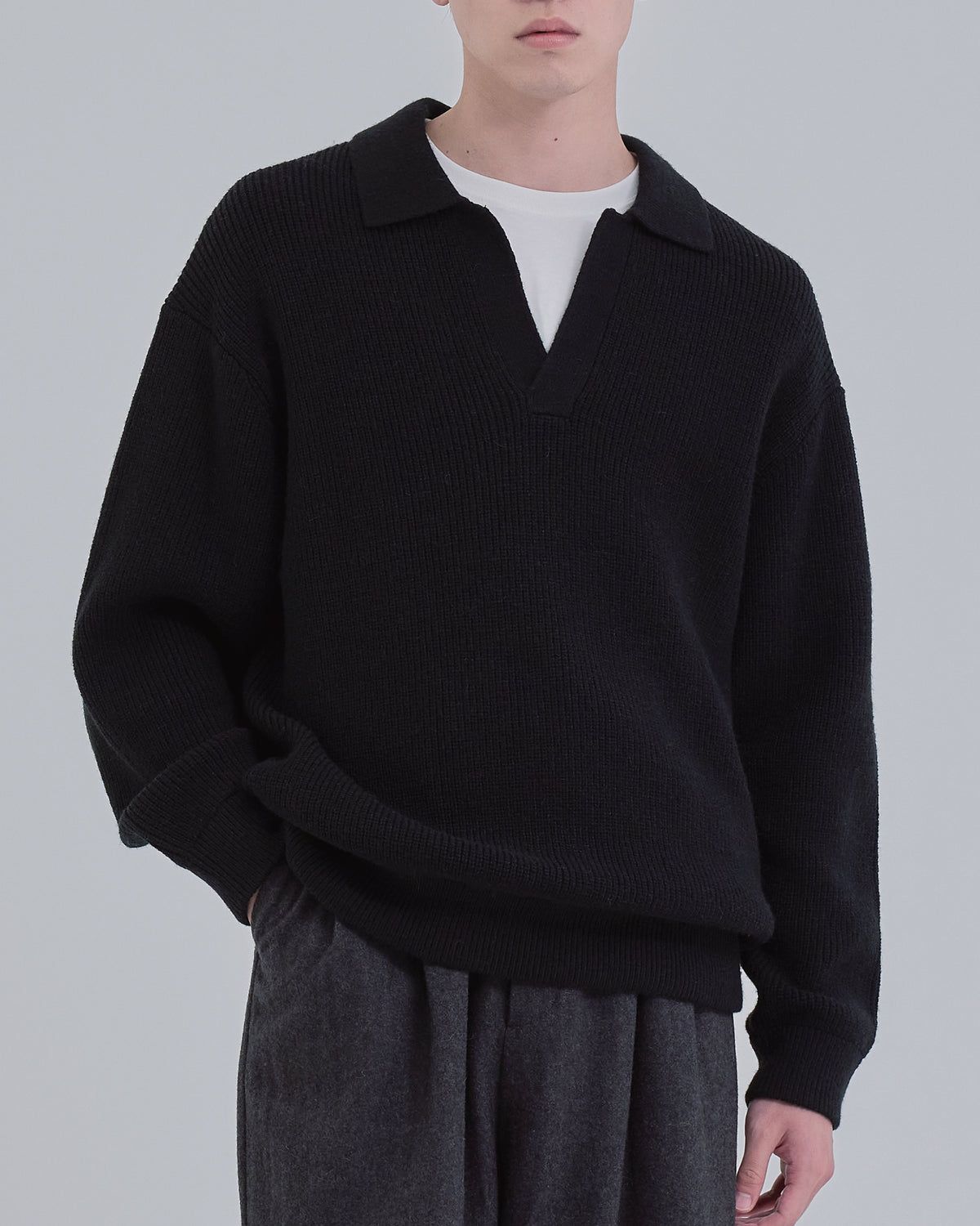 Wide Rib Skipper Knit -black-
