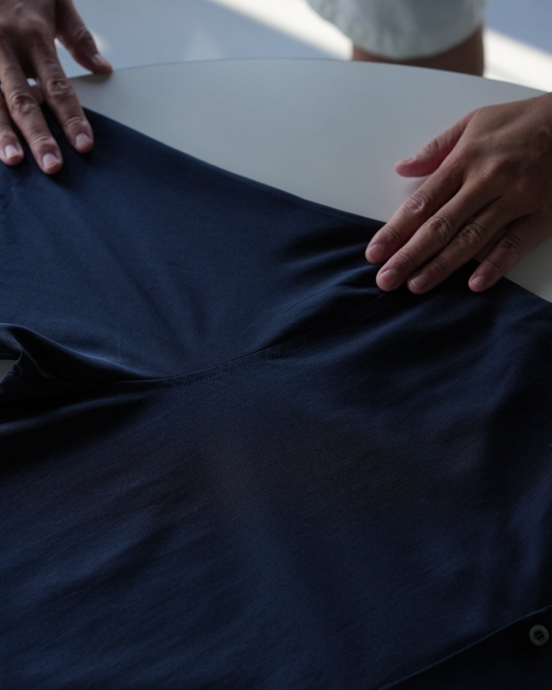 Linen Blend Open Collar S/S Shirt -navy-
