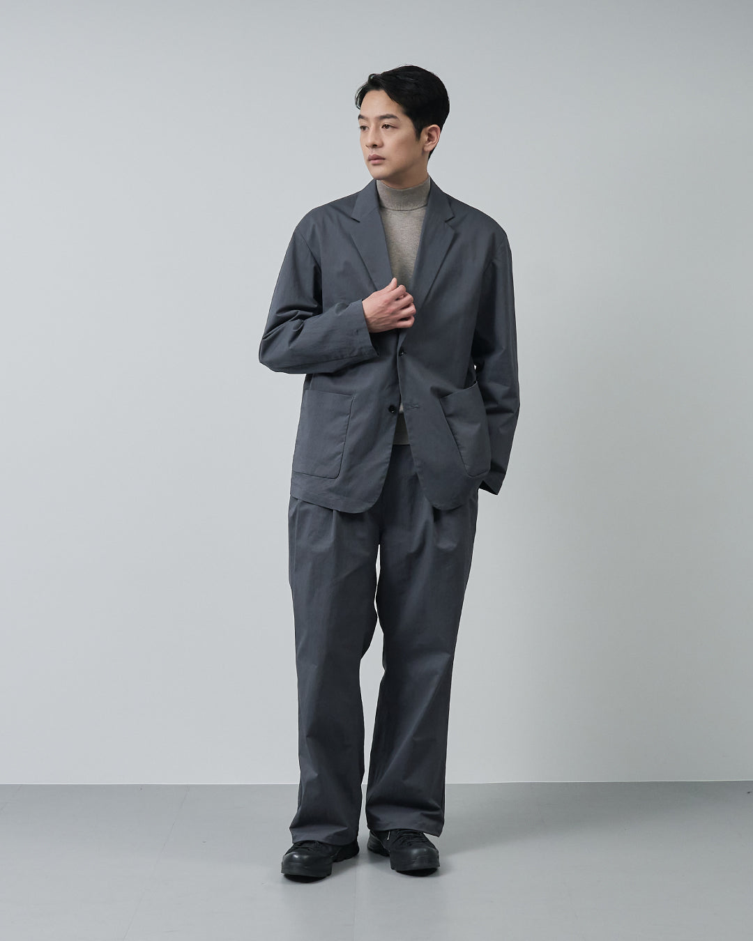 Cotton×Nylon Wide Straight Easy Slacks -charcoal-