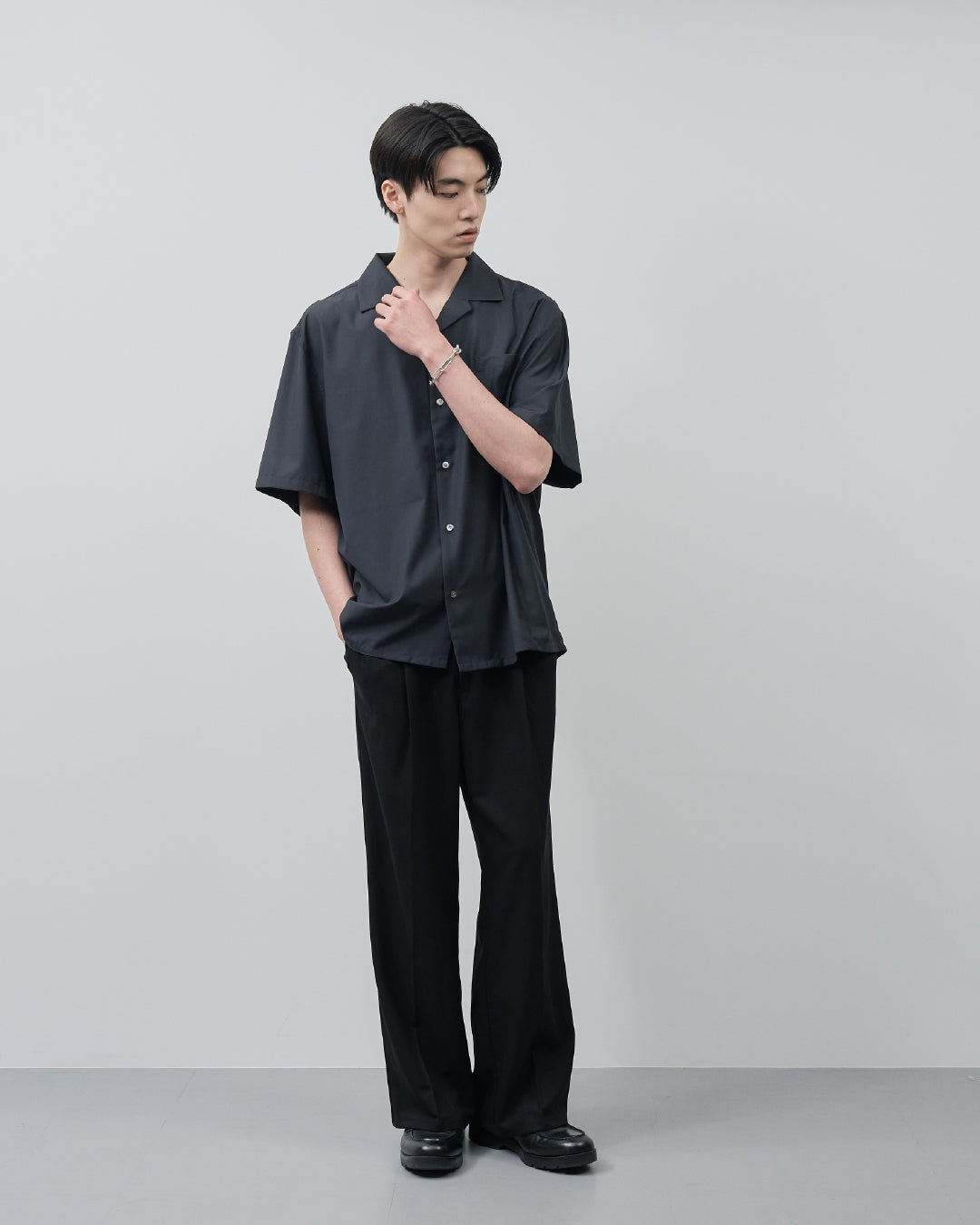 Italian Open-Collar S/S Shirt -navy-