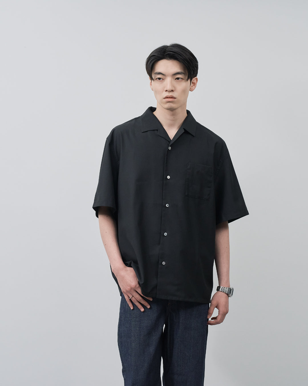 Italian Open-Collar S/S Shirt -black-