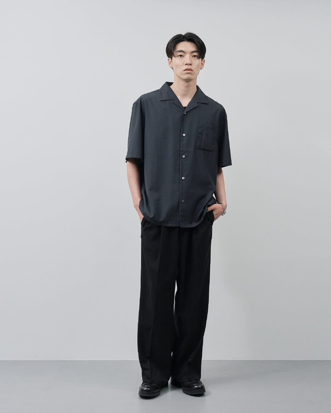 Italian Open-Collar S/S Shirt -navy-