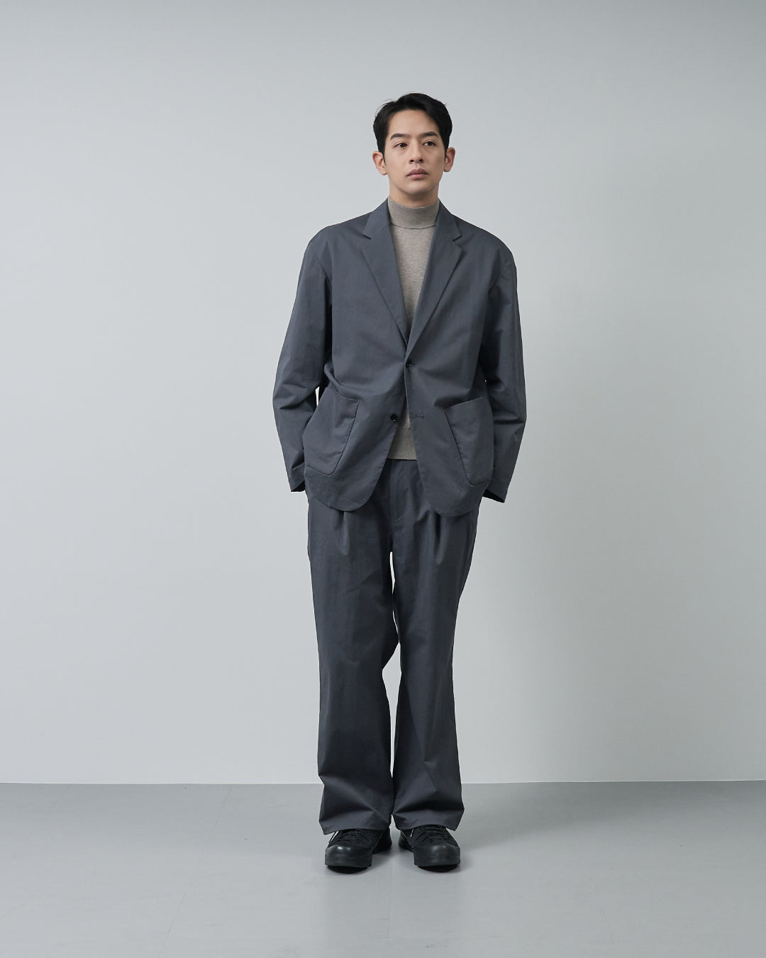 Cotton×Nylon Wide Straight Easy Slacks -charcoal-