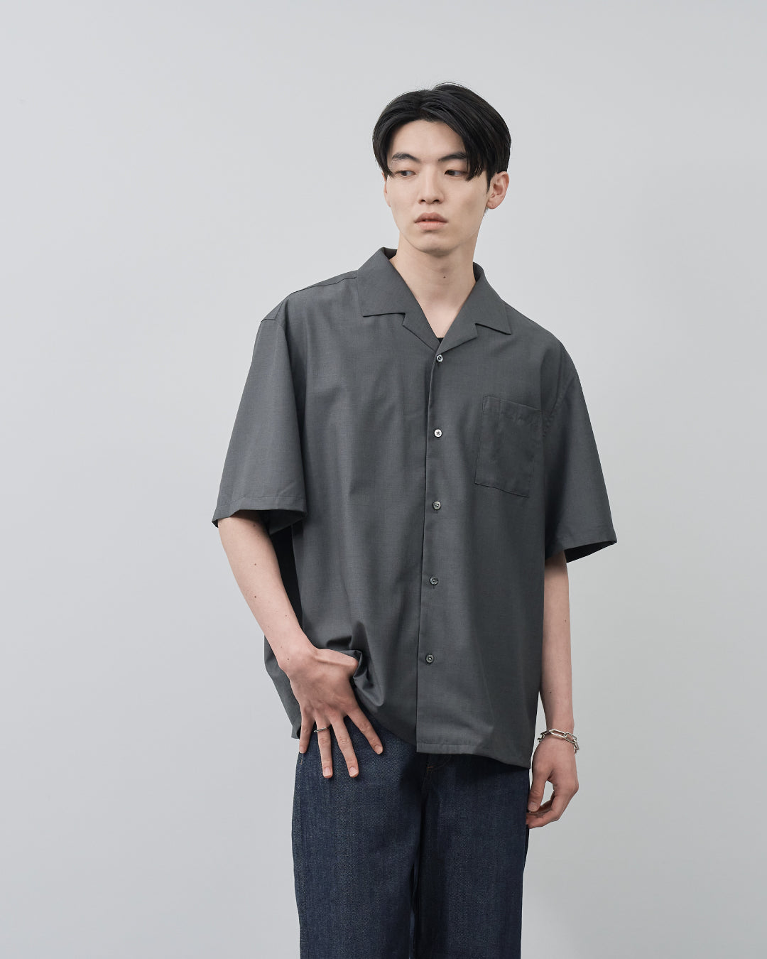 Italian Open-Collar S/S Shirt -charcoal-
