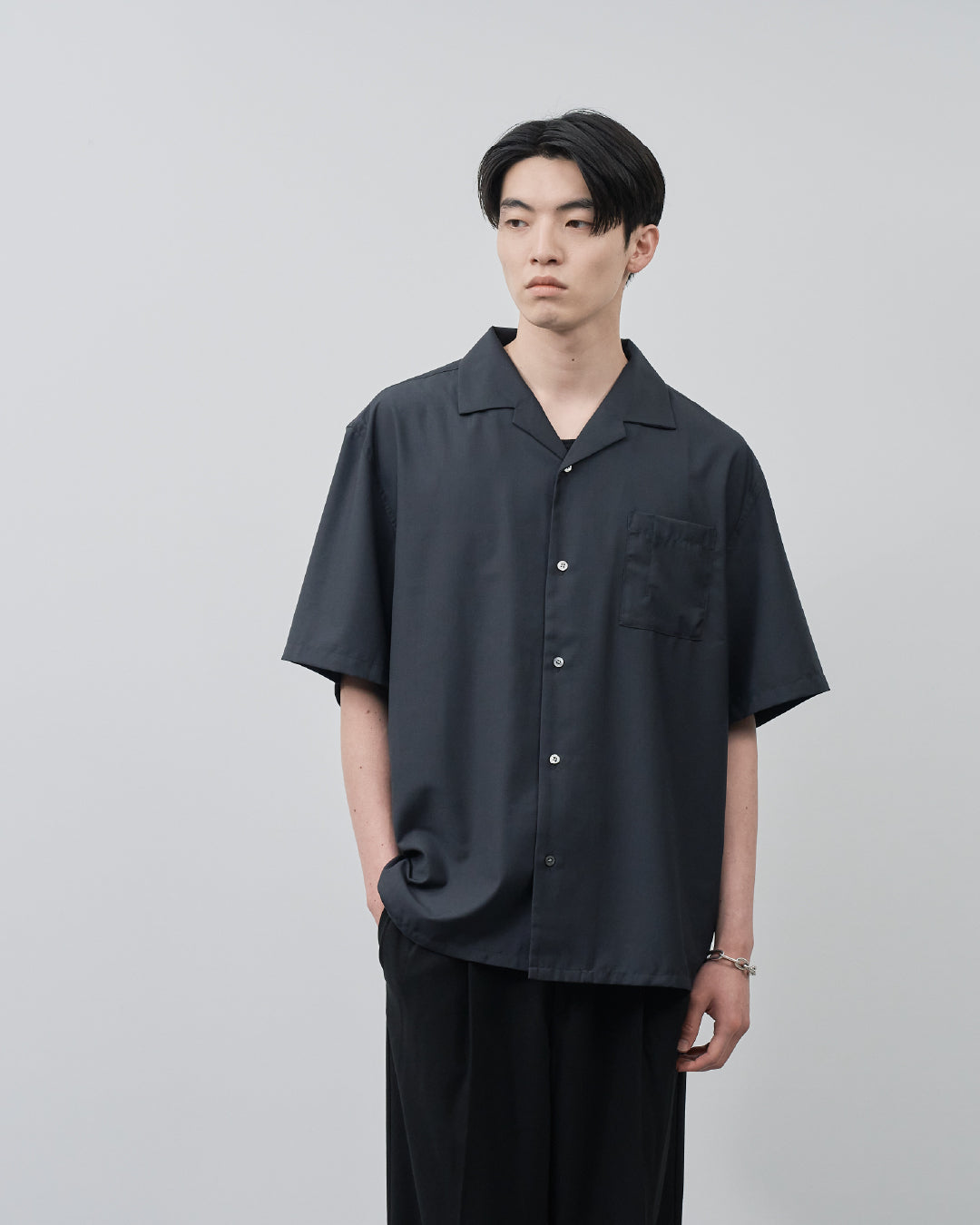 Italian Open-Collar S/S Shirt -navy-