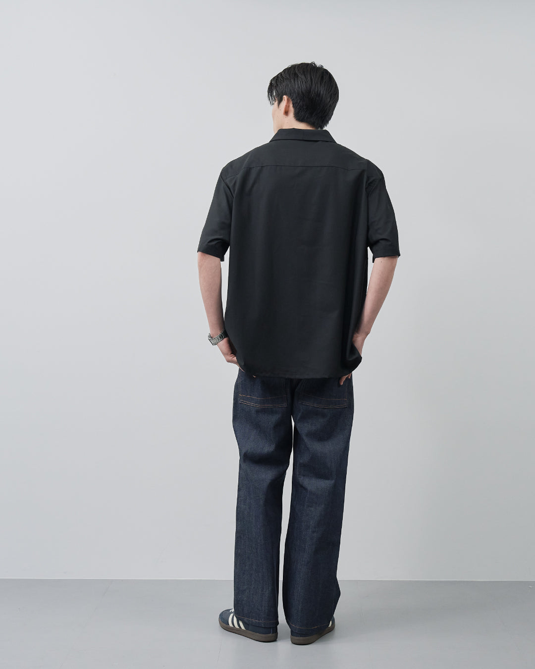 Italian Open-Collar S/S Shirt -black-