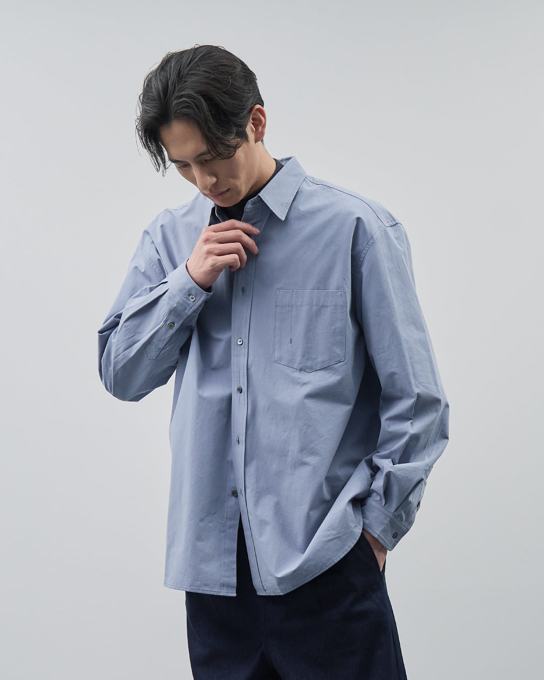 Cotton Broadcloth Regular Collar L/S Shirts -blue-