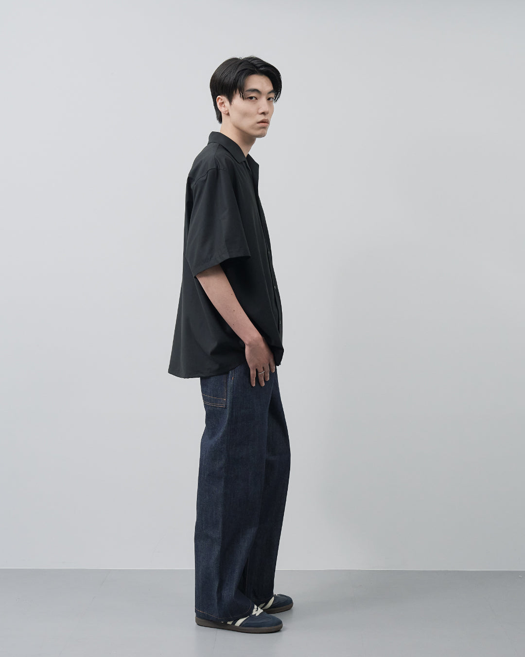 Italian Open-Collar S/S Shirt -black-