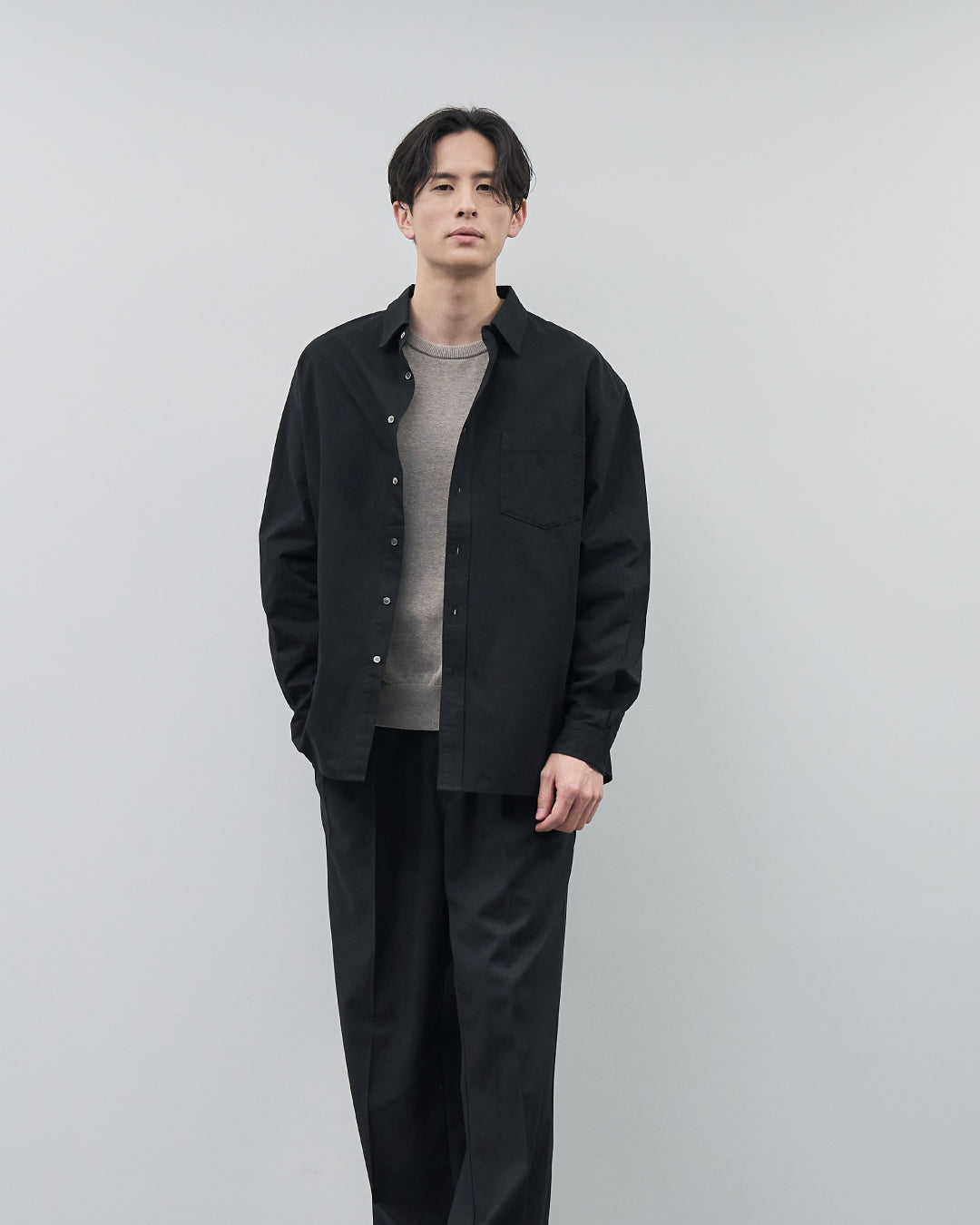 Cotton Broadcloth Regular Collar L/S Shirts -black-