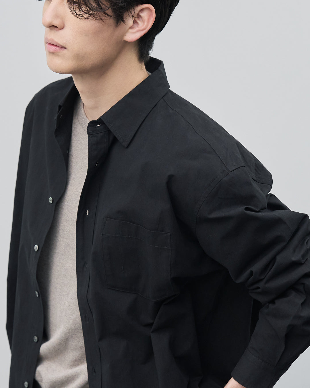 Cotton Broadcloth Regular Collar L/S Shirts -black-