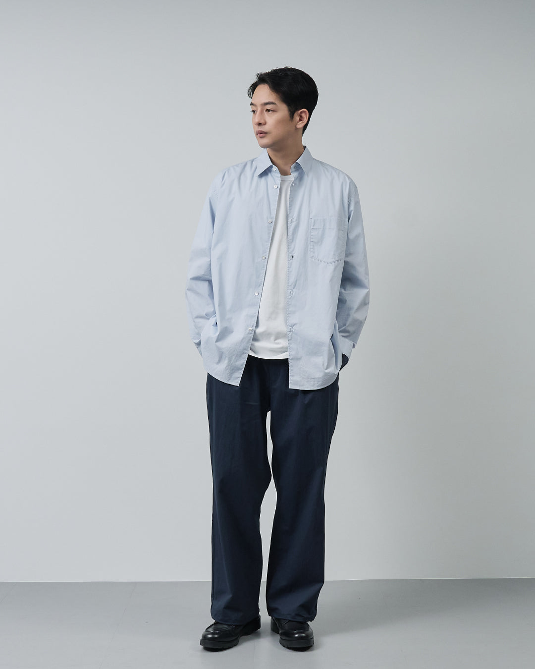 Cotton×Nylon Wide Straight Easy Slacks -navy-