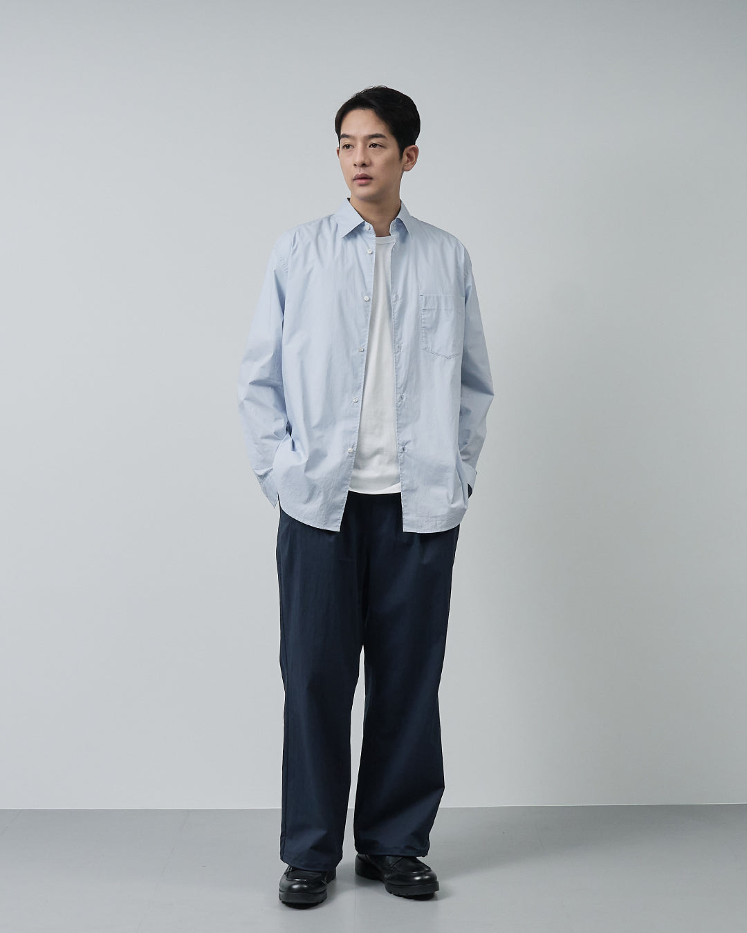 Cotton×Nylon Wide Straight Easy Slacks -navy-