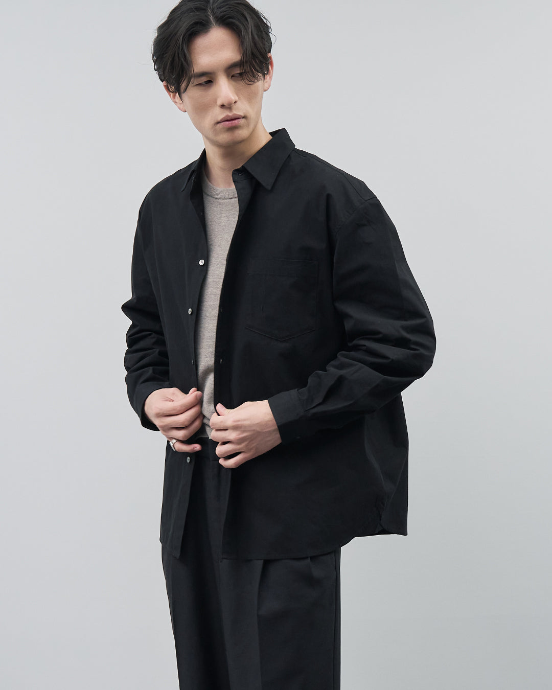 Cotton Broadcloth Regular Collar L/S Shirts -black-