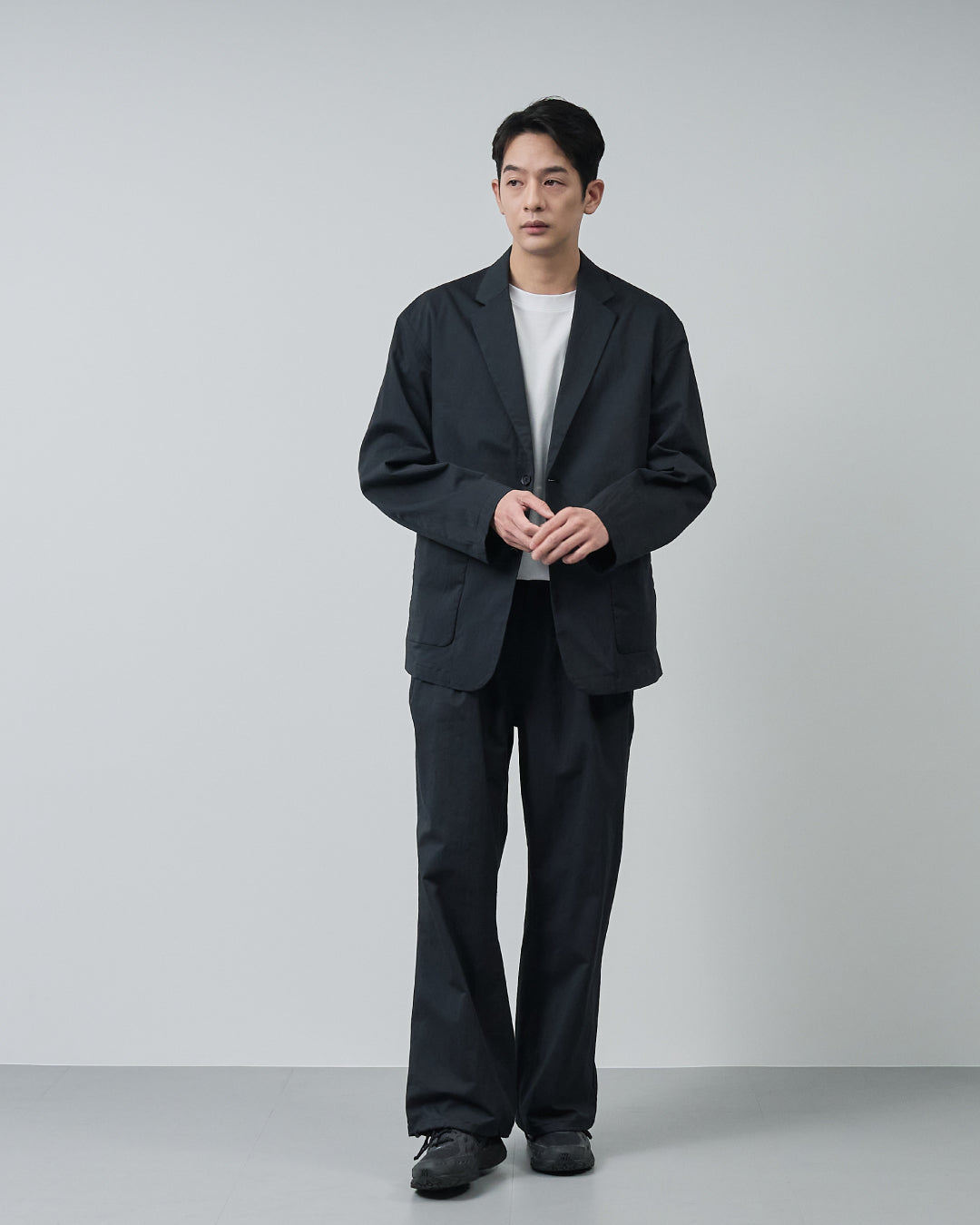 Cotton×Nylon Wide Straight Easy Slacks -black-