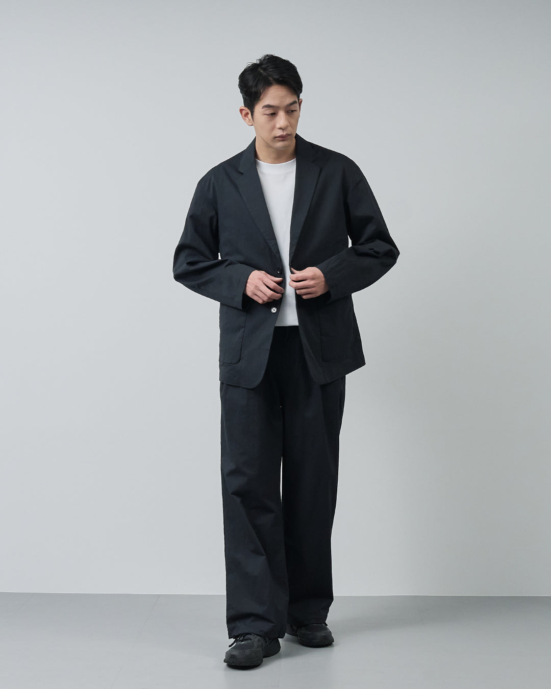 Cotton×Nylon Wide Straight Easy Slacks -black-