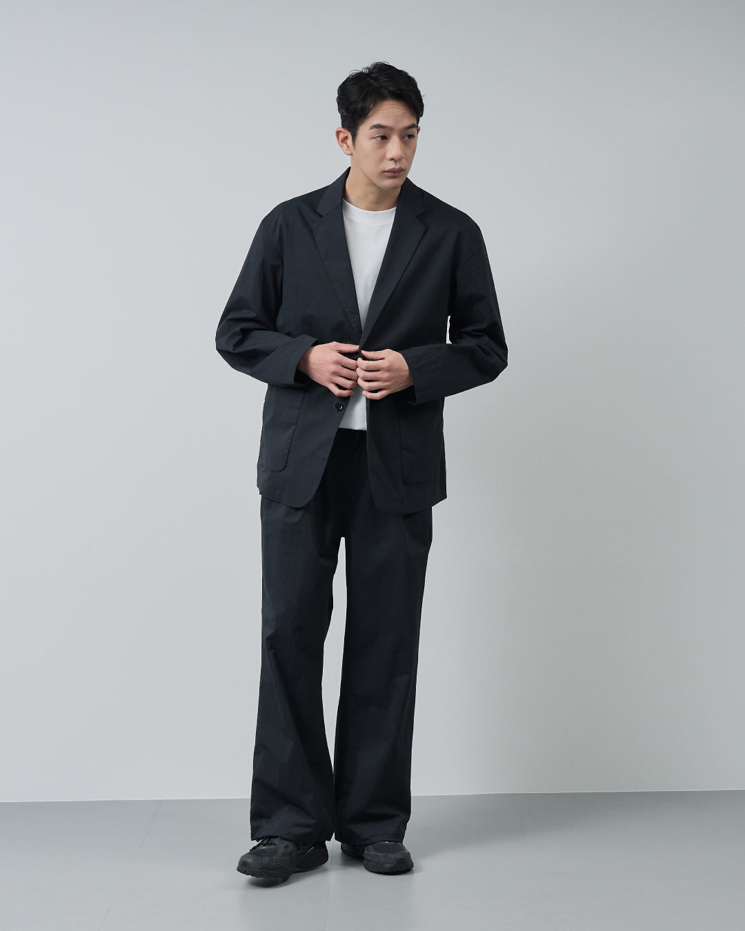 Cotton×Nylon Wide Straight Easy Slacks -black-