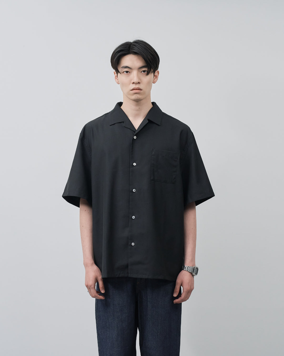 Italian Open-Collar S/S Shirt -black-