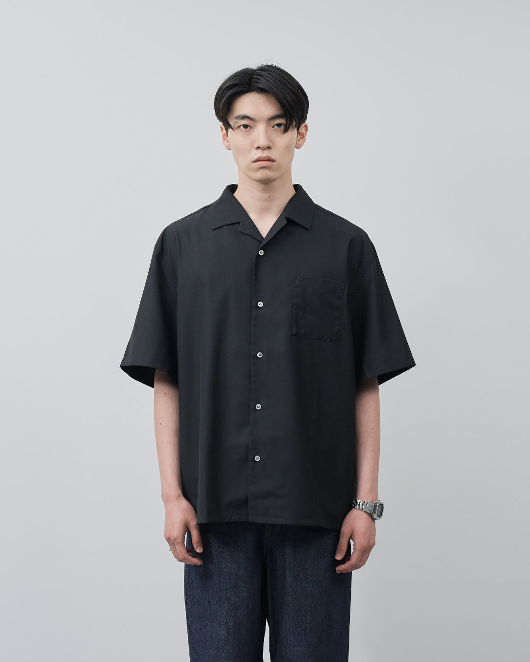 Italian Open-Collar S/S Shirt -black-