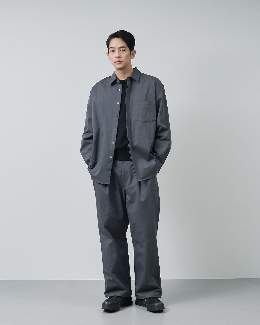 Cotton×Nylon Wide Straight Easy Slacks -charcoal-