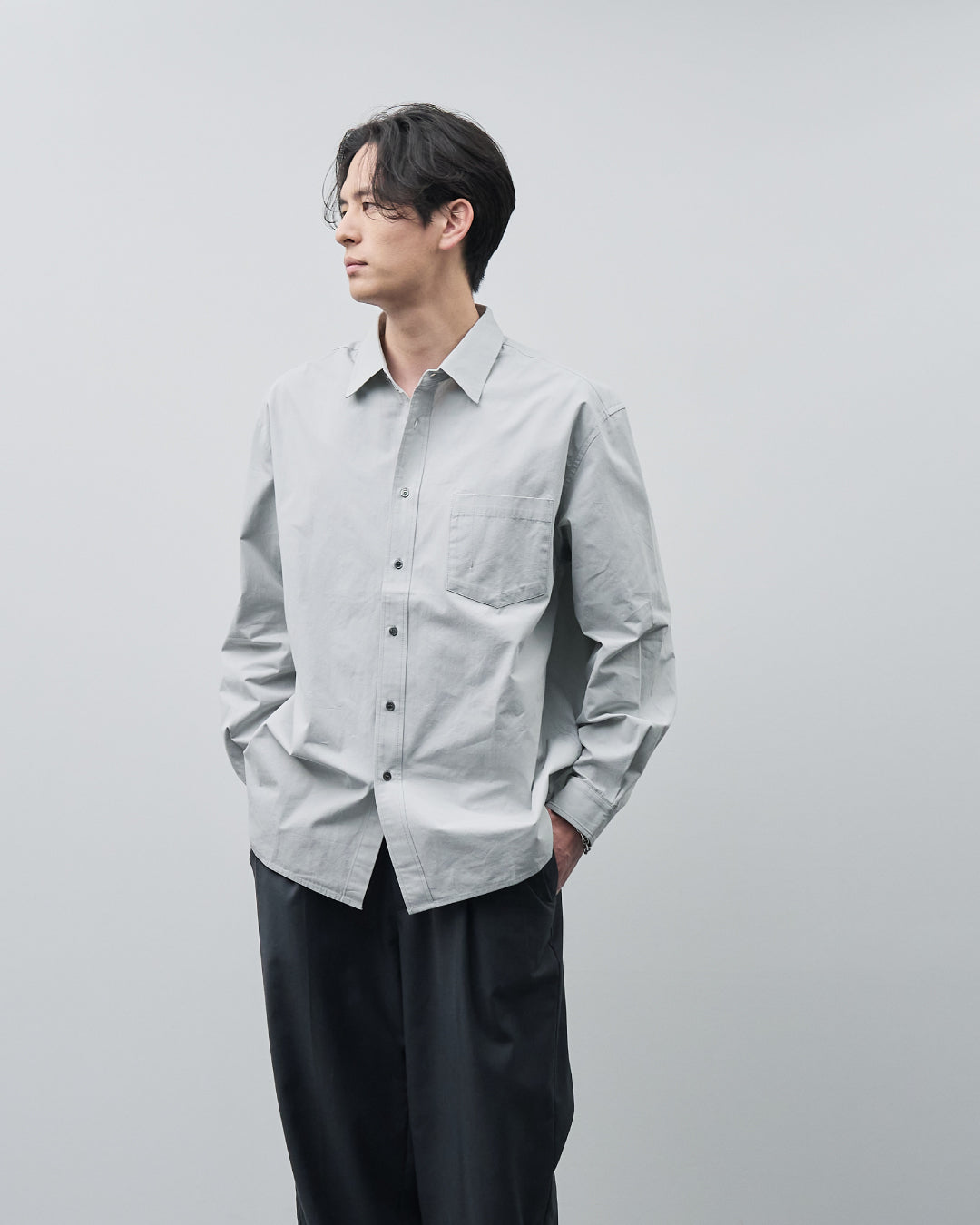 Cotton Broadcloth Regular Collar L/S Shirts -light gray-