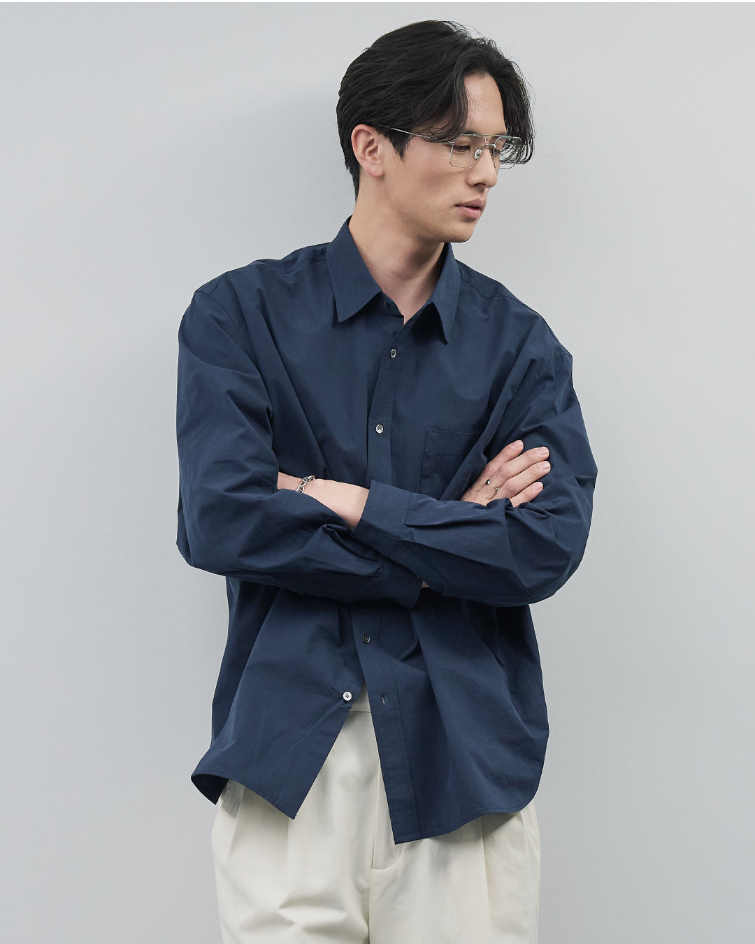 Cotton Broadcloth Regular Collar L/S Shirts -navy-