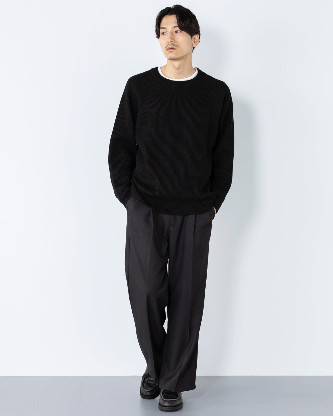 Wool Mixed Crewneck Knit -black-