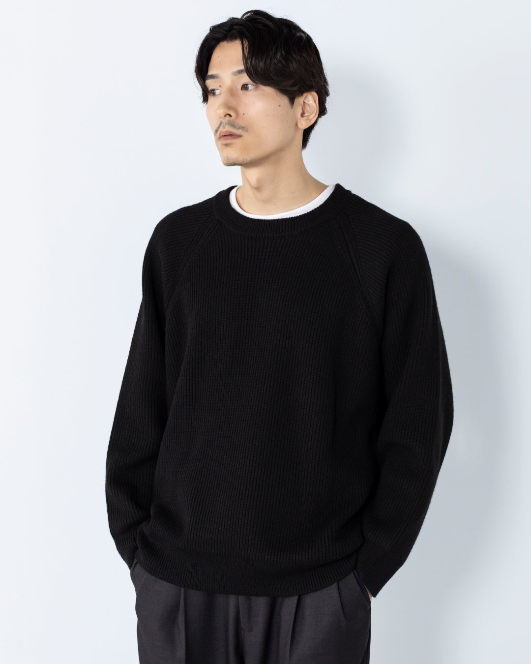Wool Mixed Crewneck Knit -black-