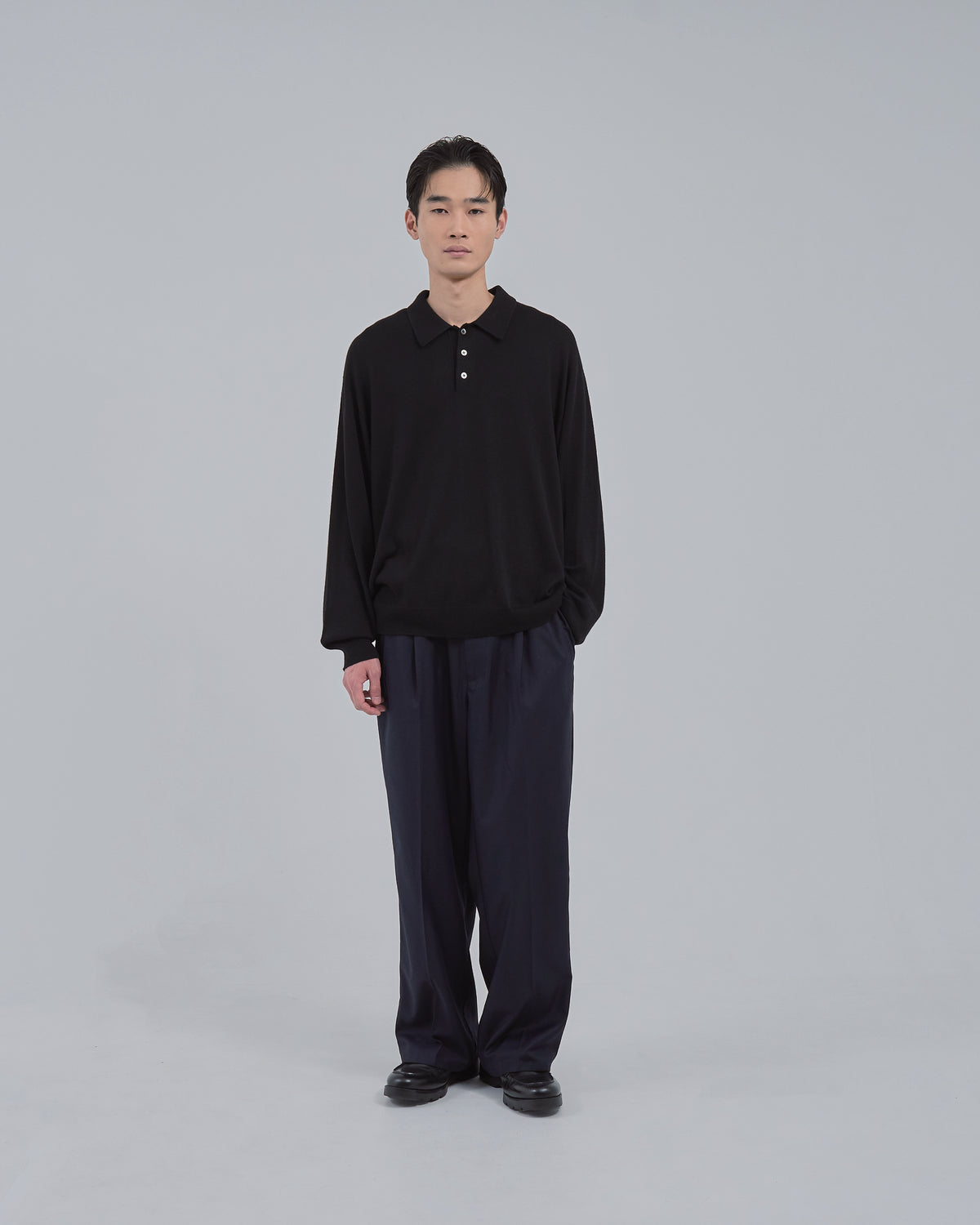 Wholegarment L/S Knit Polo -black-