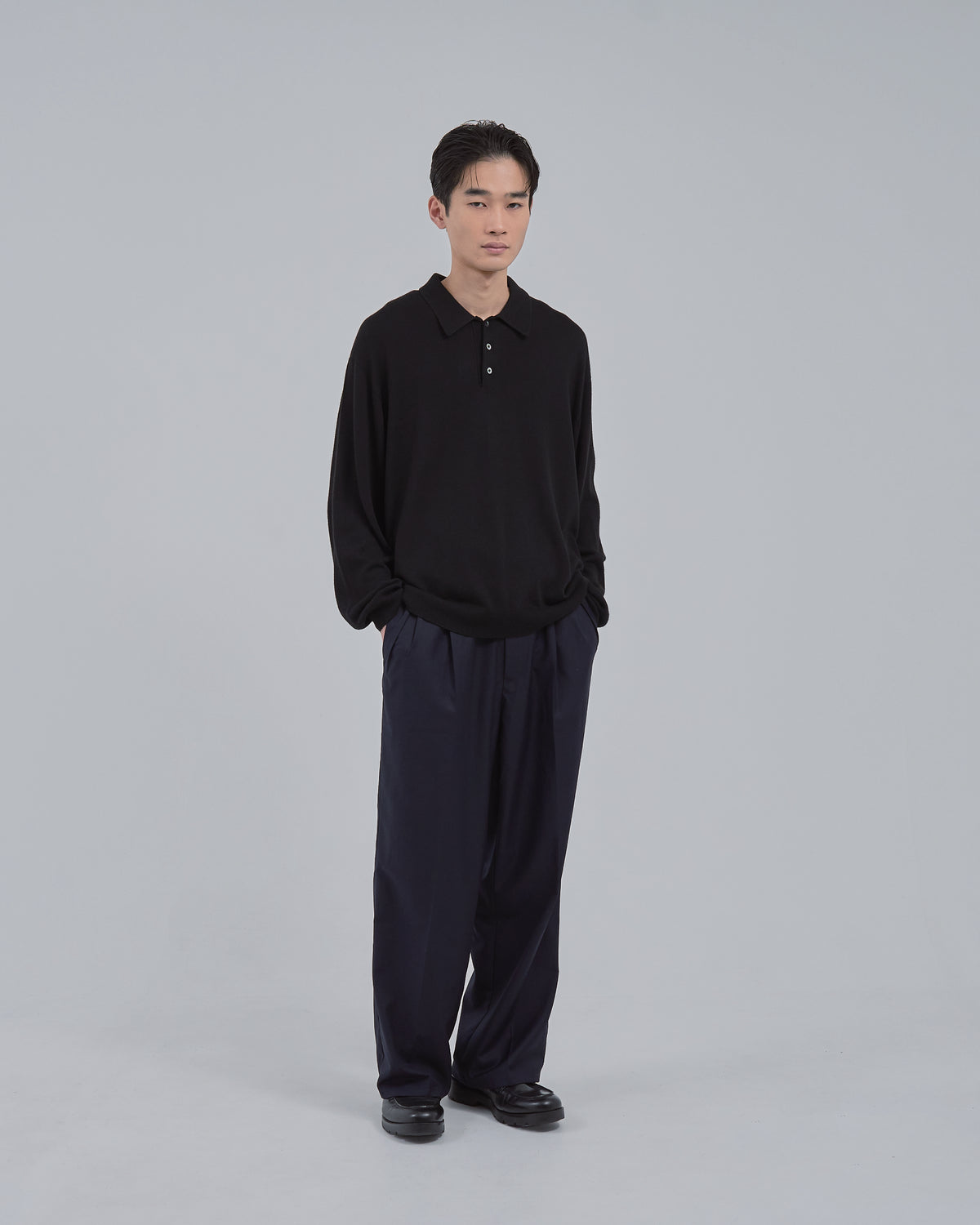 Wholegarment L/S Knit Polo -black-