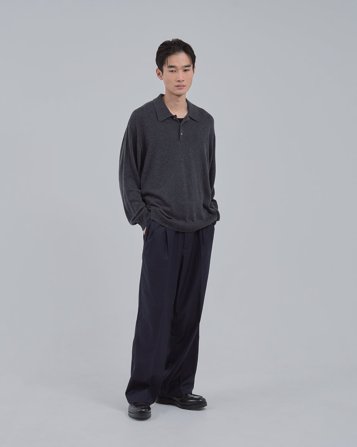 Wholegarment L/S Knit Polo -charcoal-(15)