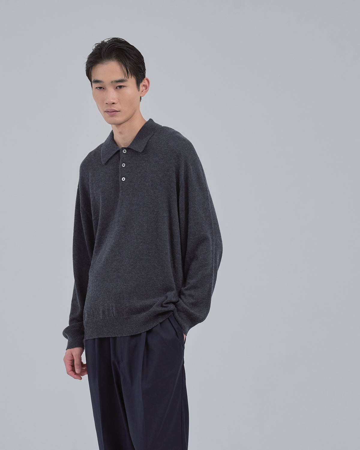 Wholegarment L/S Knit Polo -charcoal-(9)