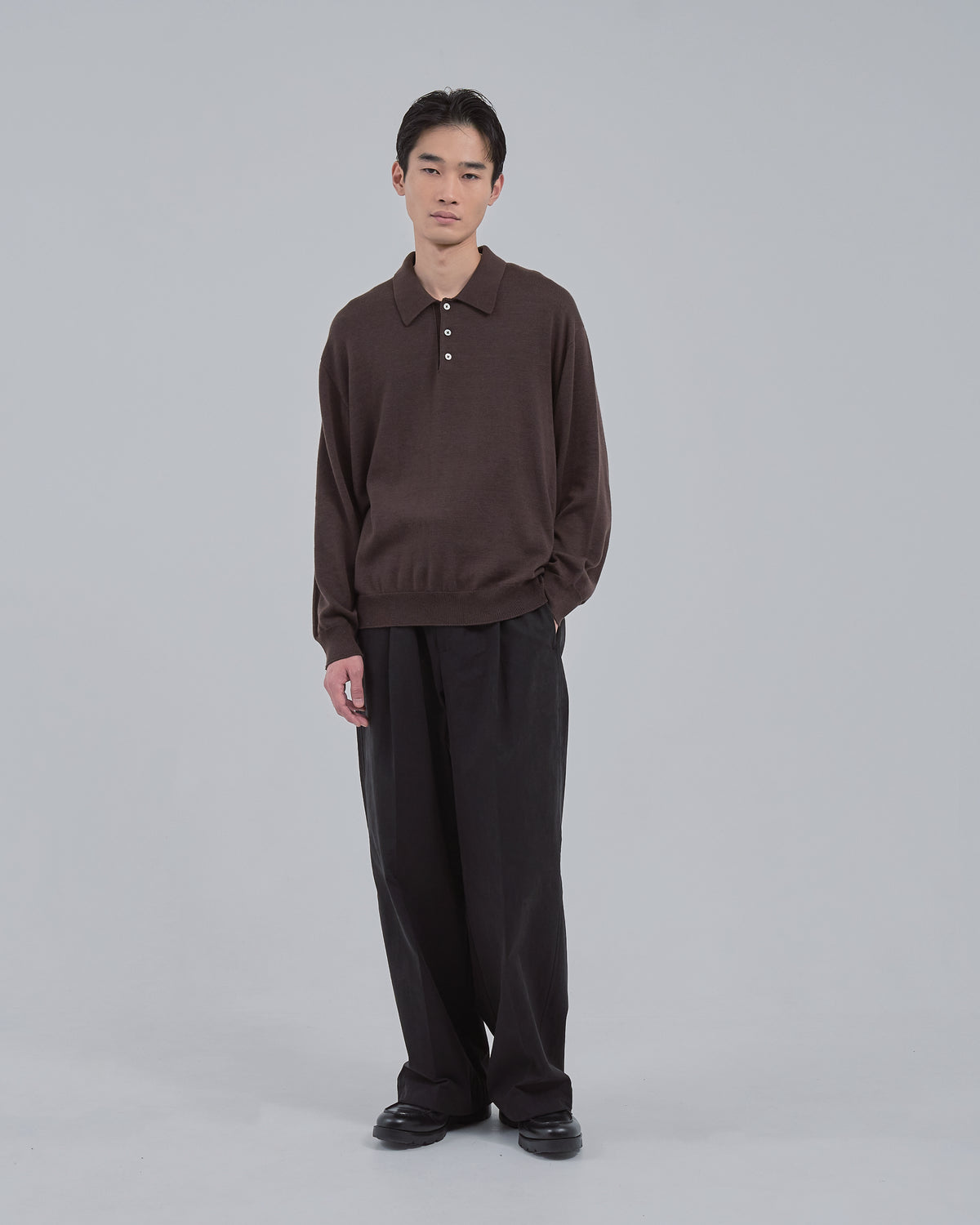 Wholegarment L/S Knit Polo -brown-