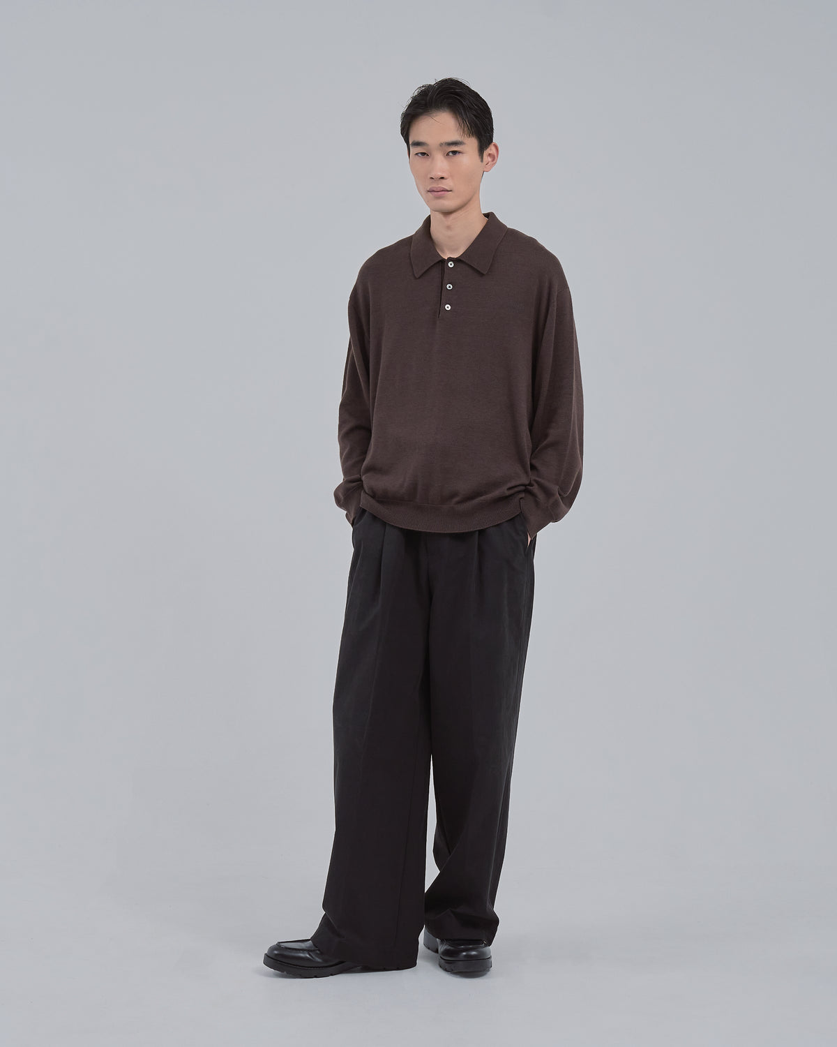 Wholegarment L/S Knit Polo -brown-