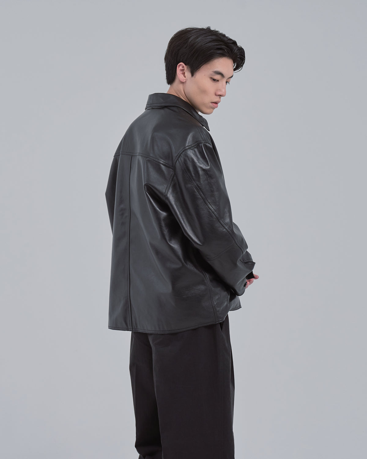Double Breasted Sheep Leather Jacket -black-(16)