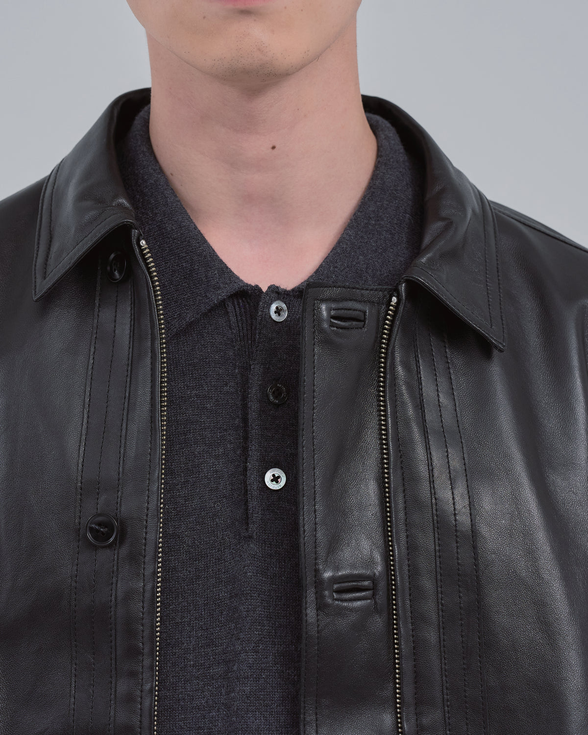 Double Breasted Sheep Leather Jacket -black-(4)
