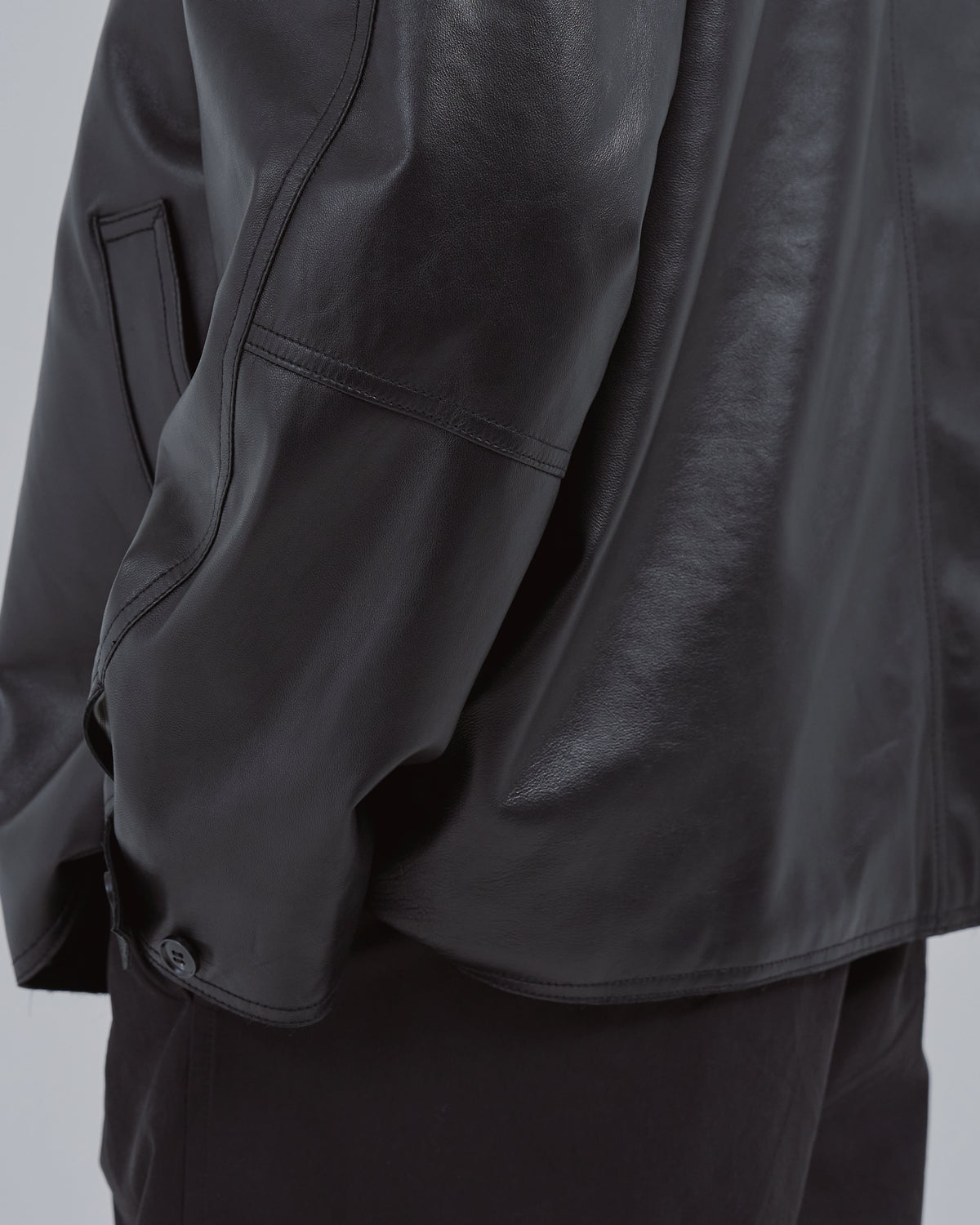 Double Breasted Sheep Leather Jacket -black-(6)