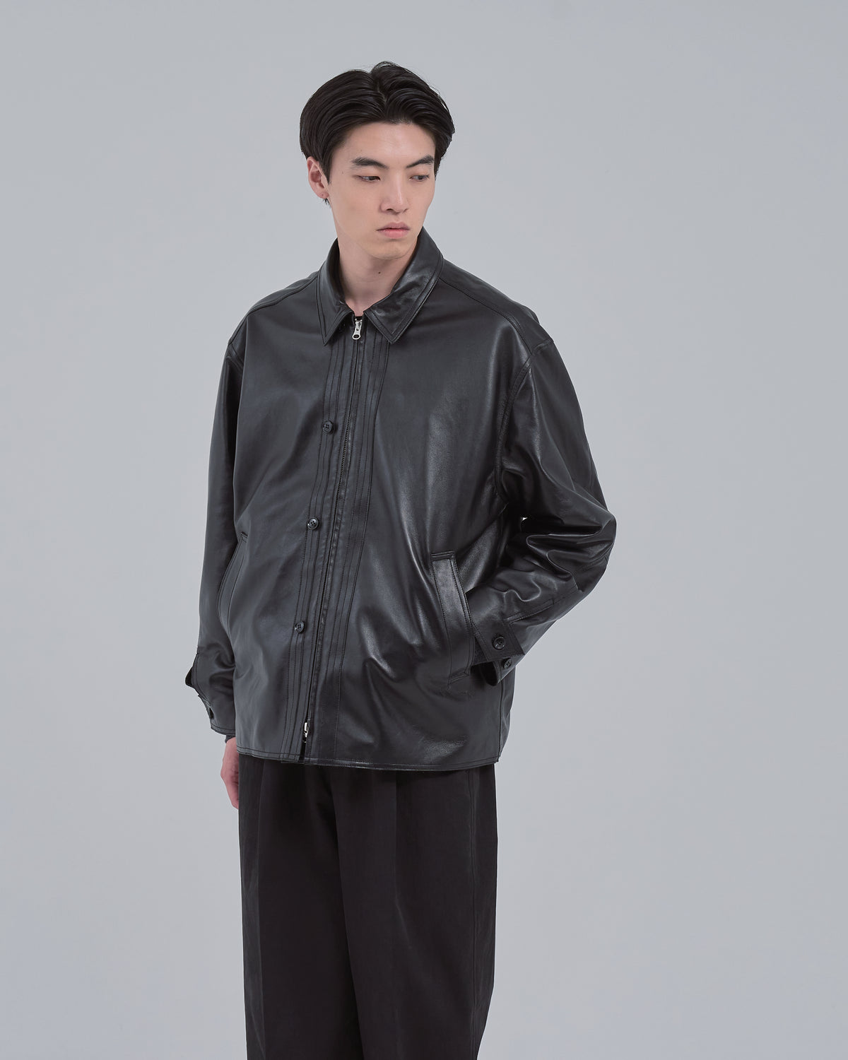 Double Breasted Sheep Leather Jacket -black-(13)